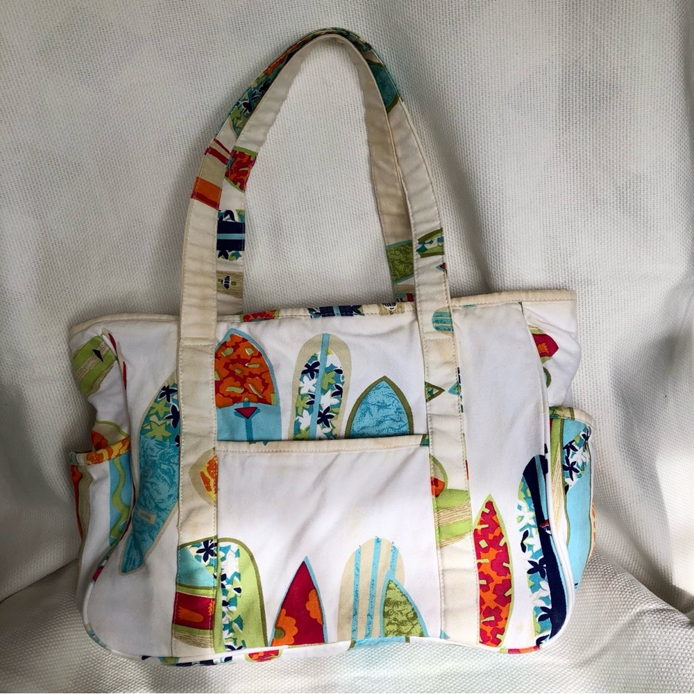 Garnet Hill cotton Beach tote bag with surfboards vacation holiday
